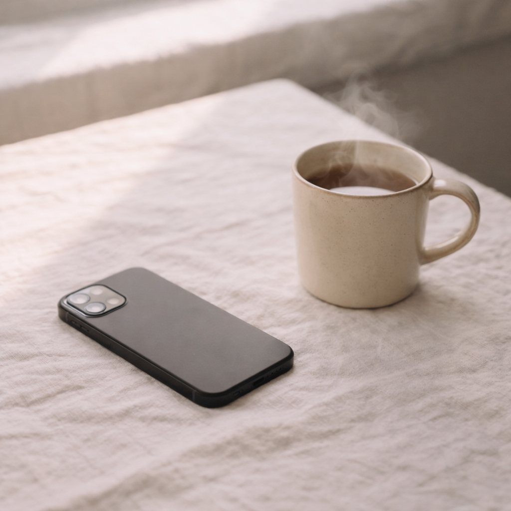 A phone facedown beside a mug on a linen surface in soft natural light