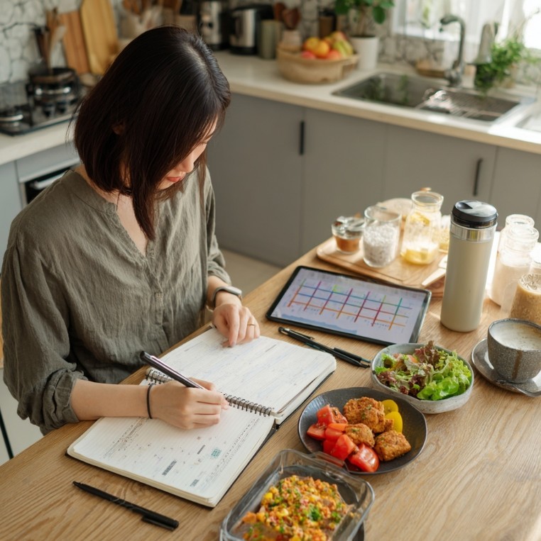 운동과 식단을 고민하며 건강 관리를 계획하는 모습