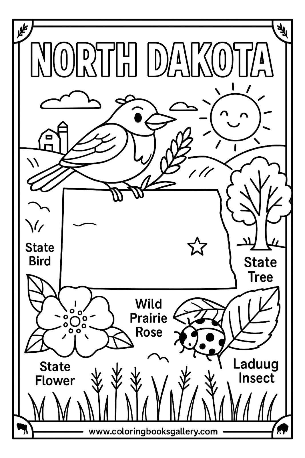 North Dakota Educational Coloring Page – Simple Educational Printable Line Art for Kids – printable coloring page