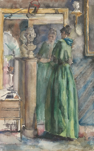 Dame in groene japon staande voor een spiegel 1874   1918
