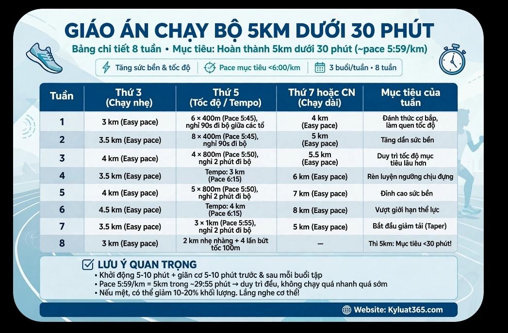 Giáo án chạy bộ 5km dưới 30 phút (Sub30) chi tiết từ A-Z