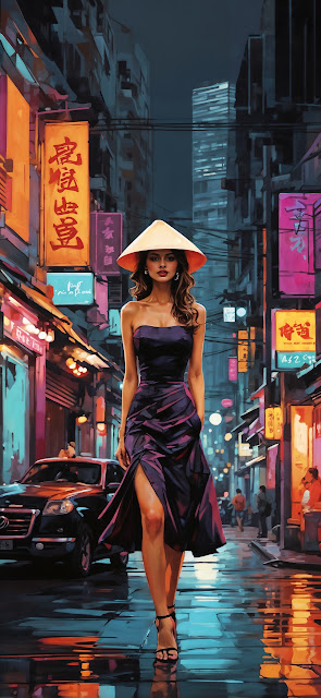 Woman in Purple Dress Walking Neon City Street - Free mobile Wallpaper