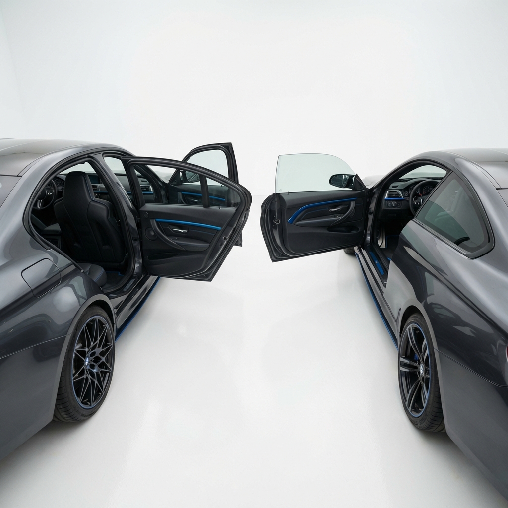 Rear seat space comparison of a bmw m4 for sale coupe and a bmw m3 sedan with doors open showing ingress legroom and headroom