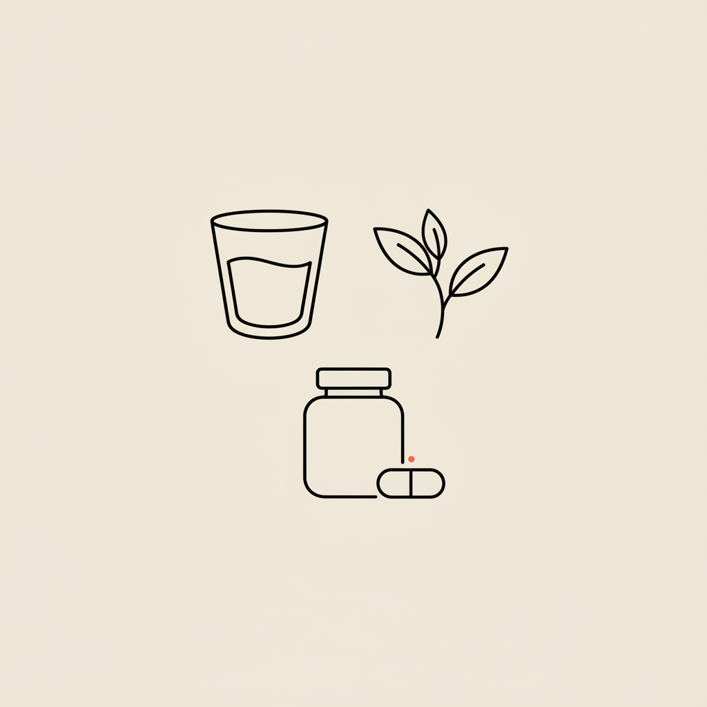 Minimalist vector line illustration of a glass of water, a tea-leaf sprig, and a capsule bottle on a beige background, illustrating Which drink burns belly fat