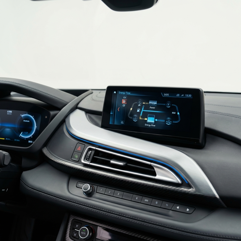 Interior close up of BMW i8 dashboard and instrument cluster showing hybrid system displays and infotainment ideal for bmw i8 for sale listing