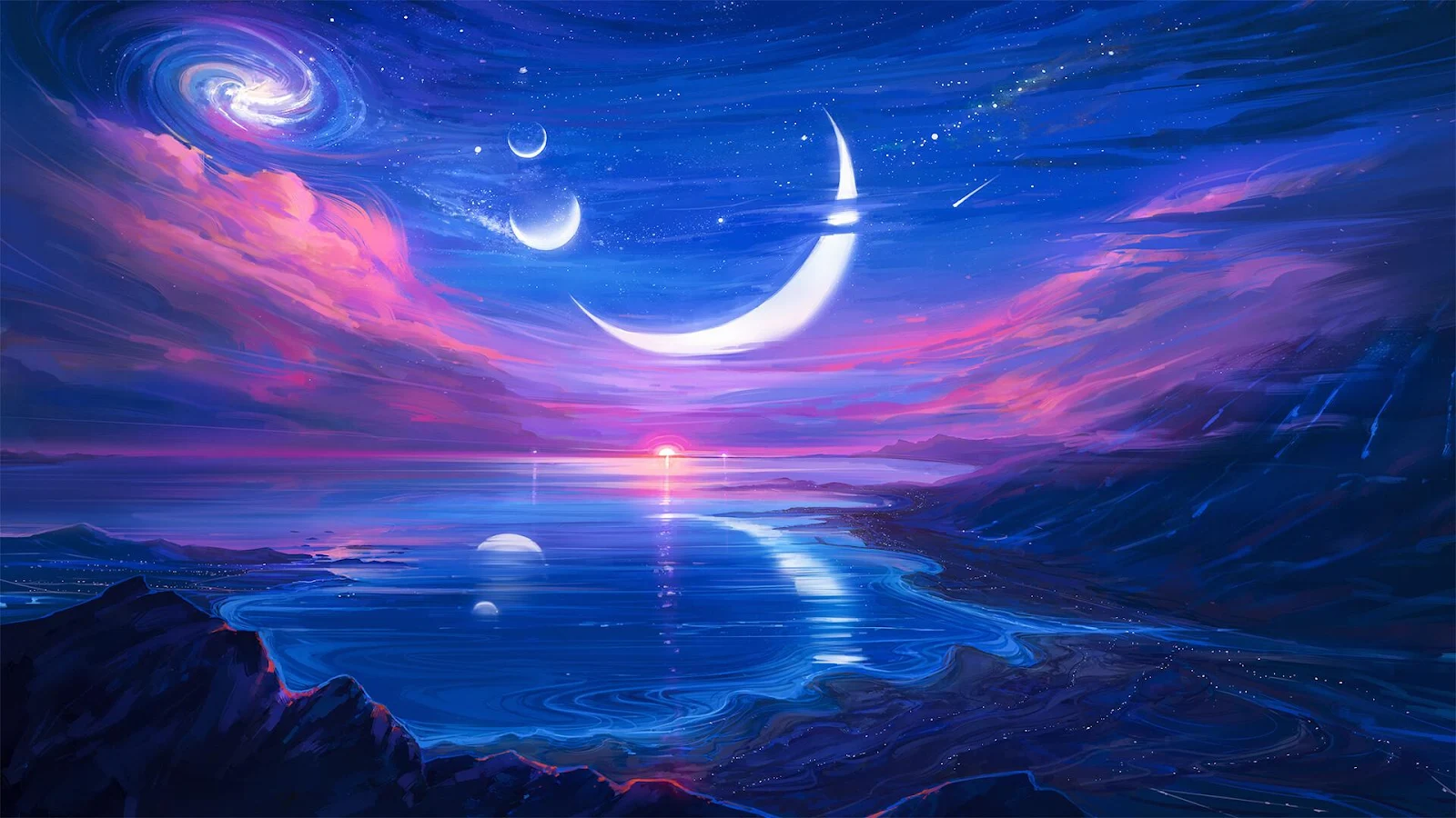 Vibrant Galactic Night Landscape - Digital Fantasy Art Full HD Wallpaper (1920x1080)