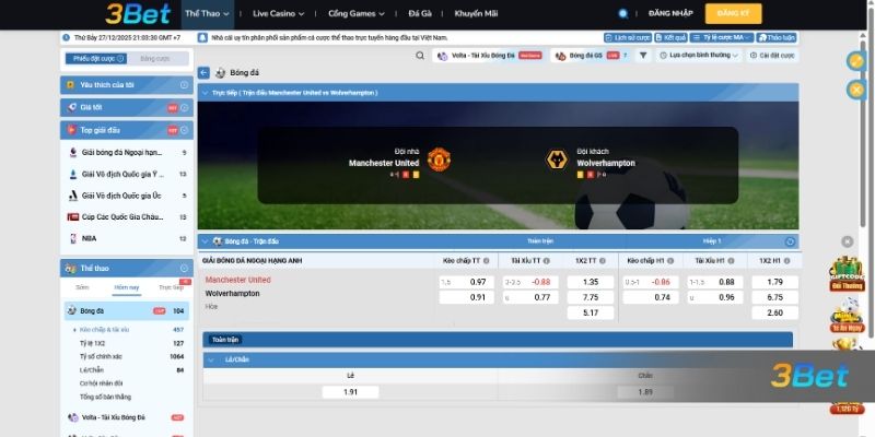 Tỷ lệ kèo Man United vs Wolves 03h15 ngày 31/12/2025