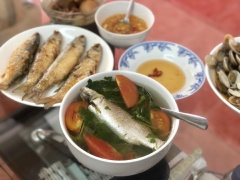Đây là bữa cơm đầy đủ nhà mình, canh ngót cá đối, cá đối chiên xù chấm mắm ớt. Cá canh thì chấm kèm nước mắm sống, cá chiên thì chấm mắm tỏi ớt. Chúc cả nhà ngon miệng.