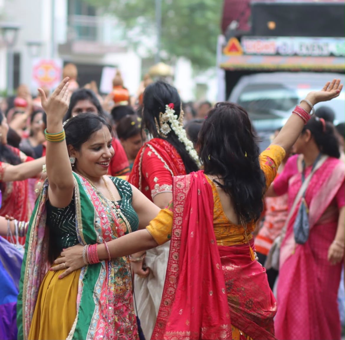 Devotees dancing in ecstasy at a Rath Yatra