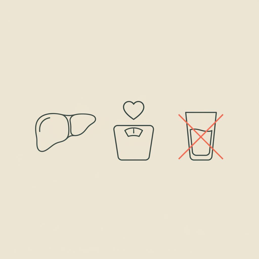 Minimal Tonum-style line illustration of a liver with a heart, a scale, and a crossed-out glass, symbolizing alcohol after fatty liver on a beige background.