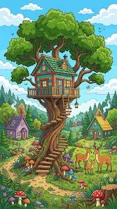 Whimsical Cartoon Forest Scene with Treehouse and Cabins