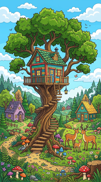 Whimsical Cartoon Forest Scene with Treehouse and Cabins - Free mobile Wallpaper