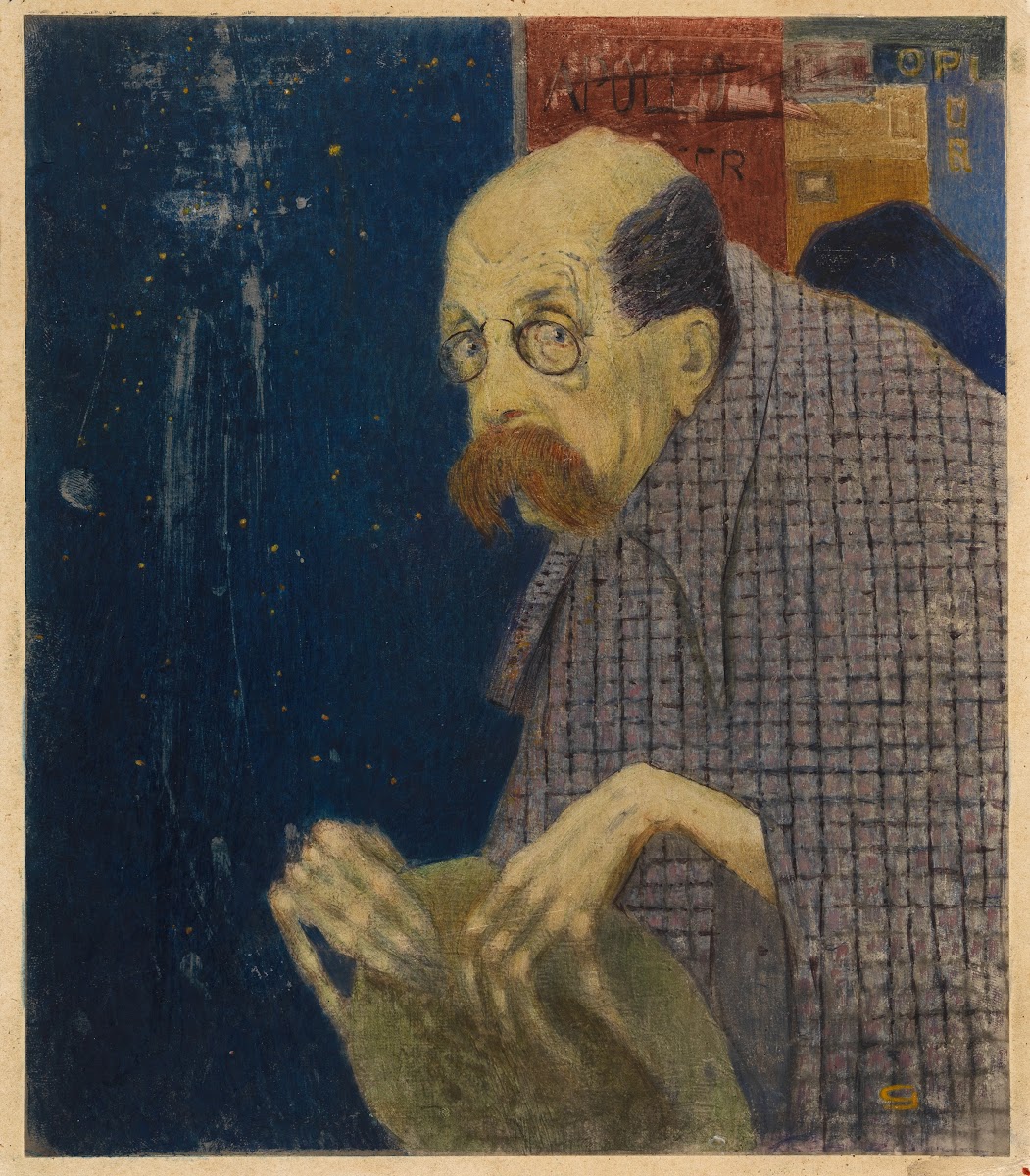 Peter Altenberg vor einer Plakatwand Karikatur 19001919