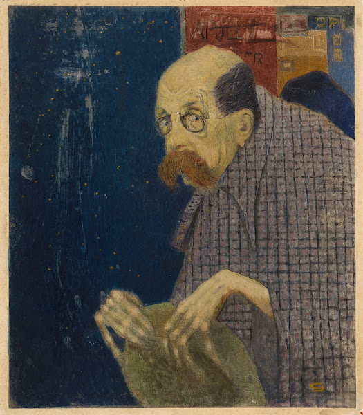 Peter Altenberg vor einer Plakatwand Karikatur 19001919