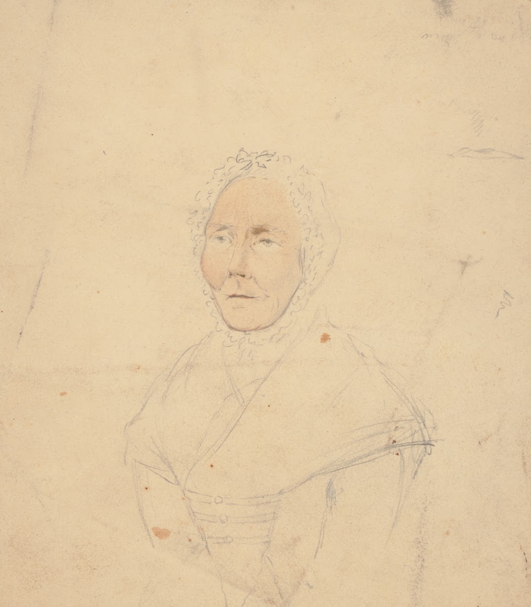 Half length portrait of elderly woman wearing tigh fitting bonnett 1809 1844