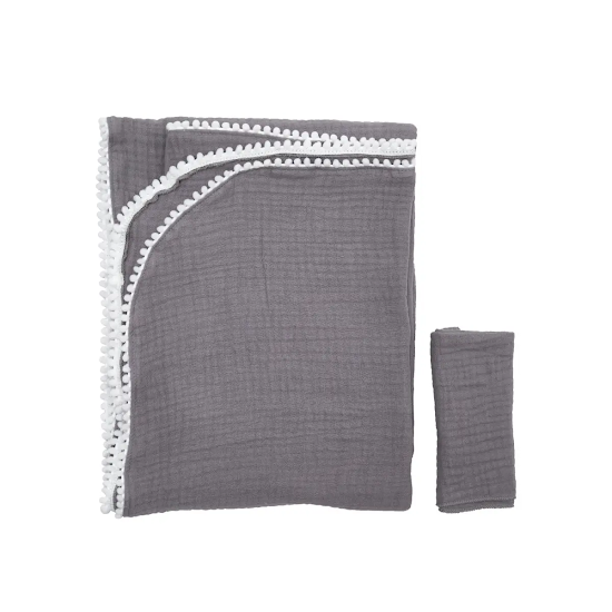 Плед Twins мусліновий 100х80 4-х шар з помпонами+серветка сірий