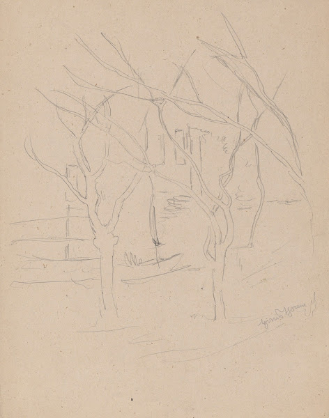 Crossing Tree Limbs Against the Background of Rural Buildings 1860   1900