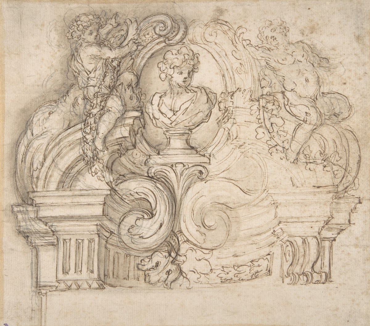 Design for an Overdoor or the Top of a Niche with a Bust and Garland bearing Put