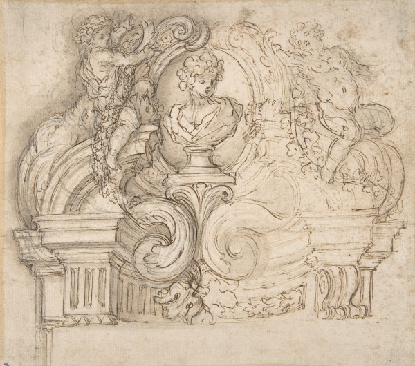 Design for an Overdoor or the Top of a Niche with a Bust and Garland bearing Put