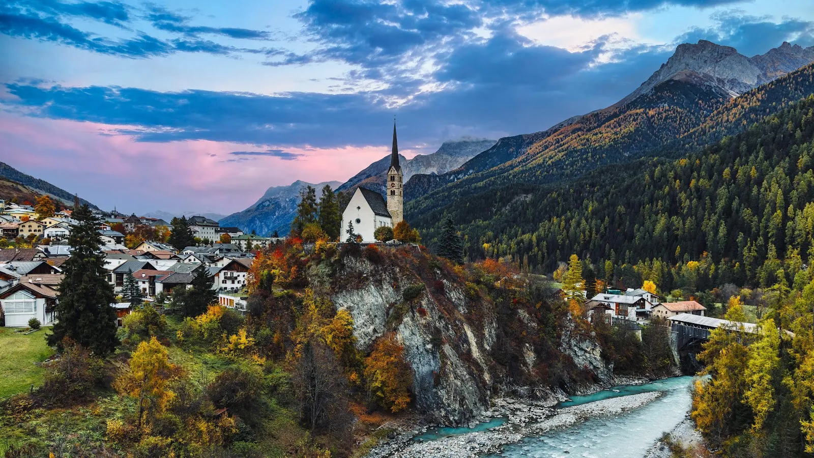 Alpine Church In Autumn Village - Landscape Photography 5K Wallpaper (5120x2880)