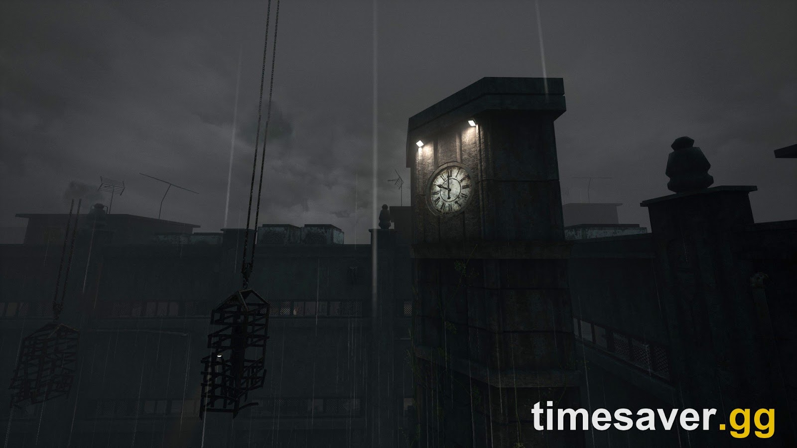 The lit Clock Tower seen from the rain-soaked courtyard of the Midwich Elementary School map in Dead by Daylight