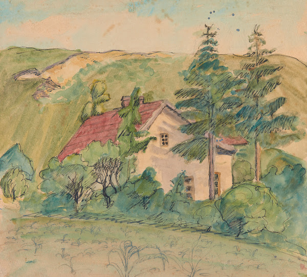 Dom wśród drzew na tle wzgórza 1931