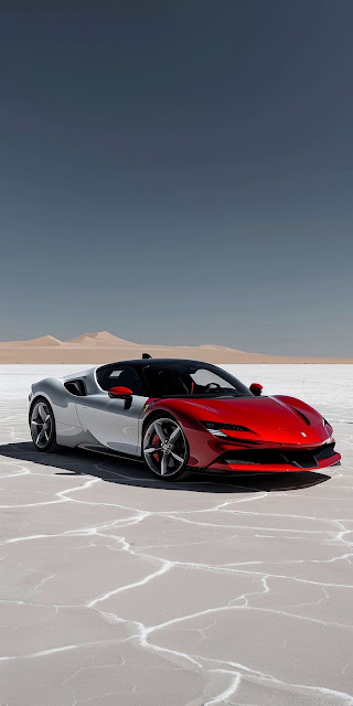 Ferrari SF90 Stradale on Salt Flats under Muted Sky - Free mobile Wallpaper