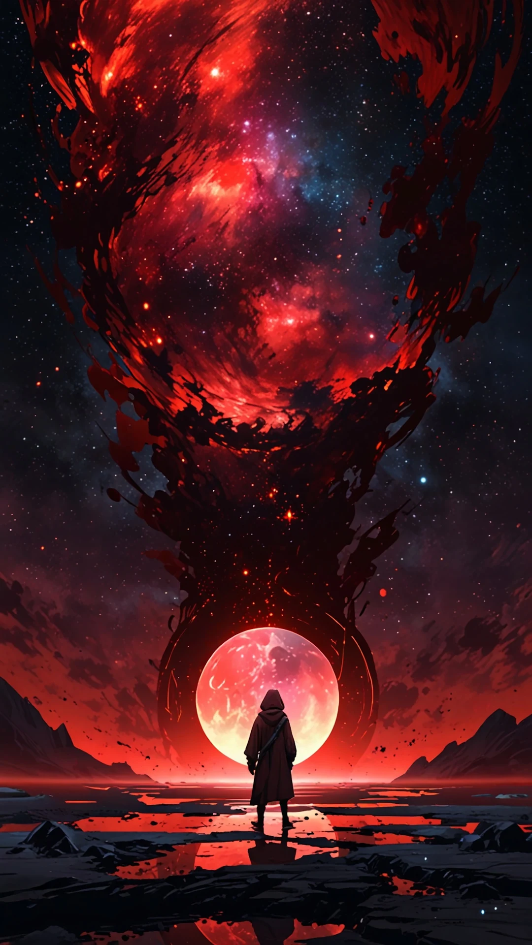 Figure Before Cosmic Vortex and Blood Moon - Free 4K mobile Wallpaper