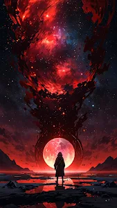 Figure Before Cosmic Vortex and Blood Moon