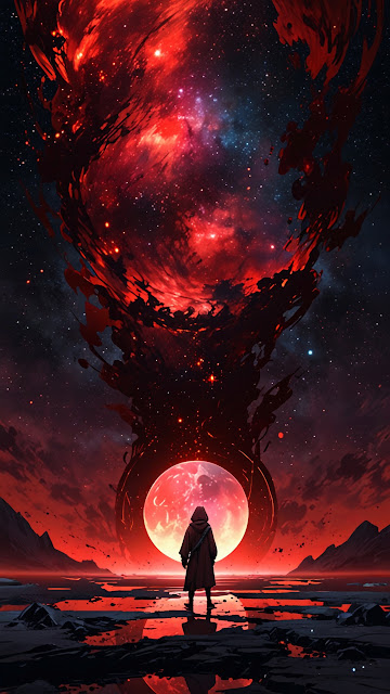 Figure Before Cosmic Vortex and Blood Moon - Free mobile Wallpaper