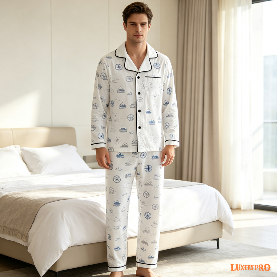 AOP Long Sleeved Satin Pajama Set with Pockets for Men