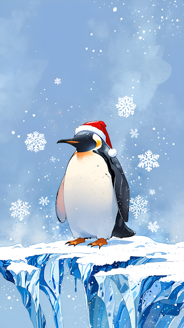 Penguin Wearing Santa Hat on Snowy Ice Cliff in Winter - Free mobile Wallpaper