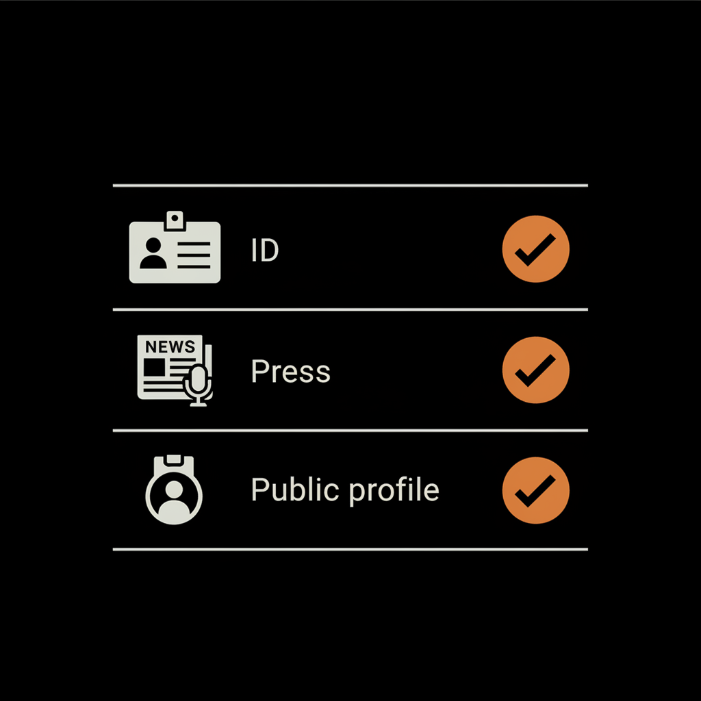 Minimal full-frame infographic checklist for instagram verification requirements showing flat vector icons for ID, press coverage, and public profile in brand colors