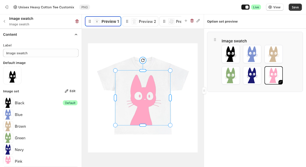 Canvas and Option set preview after selecting Pink, showing the pink cat artwork rendered on the shirt
