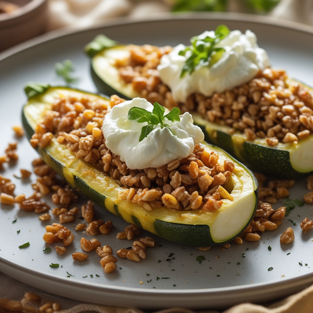 Final Roasted Red Pepper & Farro Stuffed Zucchini Boats with Whipped Goat Cheese