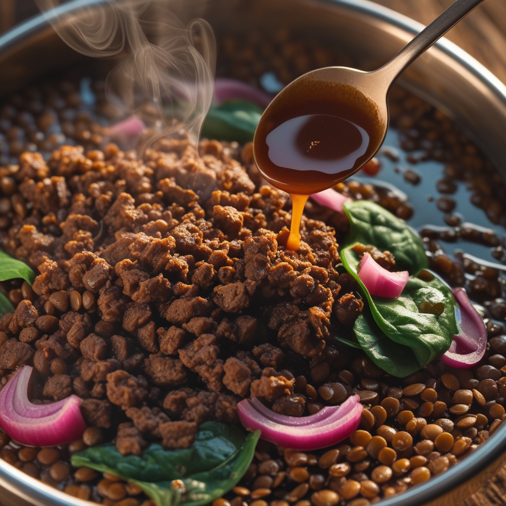 Final Ethiopian Berbere Spiced Beef & Red Lentil Power Bowl with Quick Avocado Herb Sauce