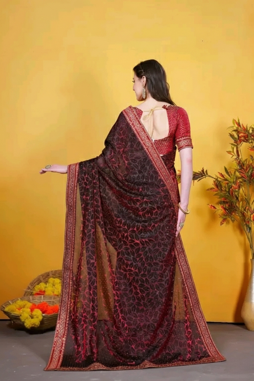 Party wear saree for women and girls with sequin  lace border and blouse piece farewell saree for girls