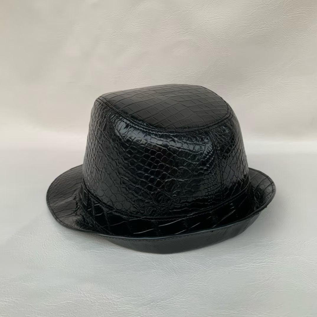 black genuine alligator leather fedora hat with structured crown and medium brim - detail 2.2