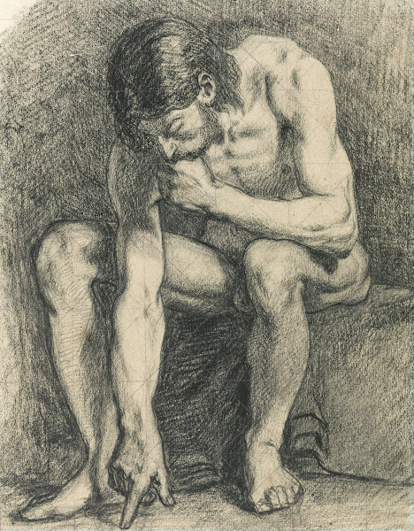 Homme assis nu écrivant par terre avec son doigt 1867 1869