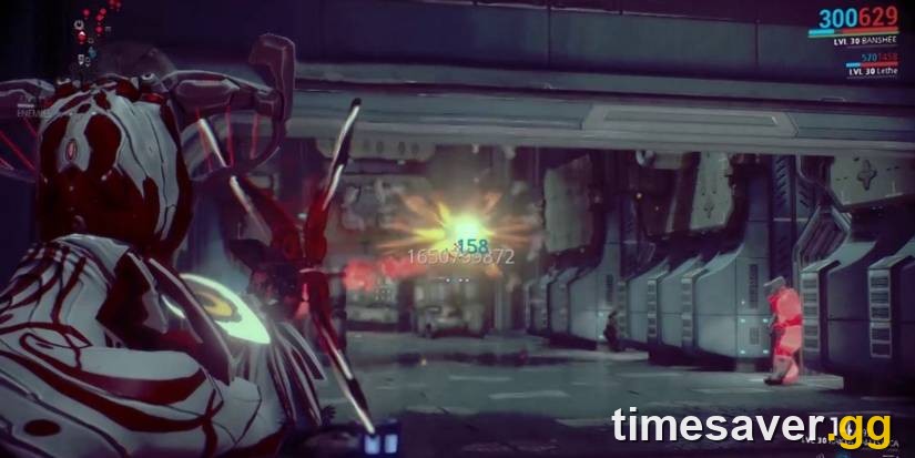 Warframe Banshee using Sonar to highlight and shred an enemy weak point in a mission