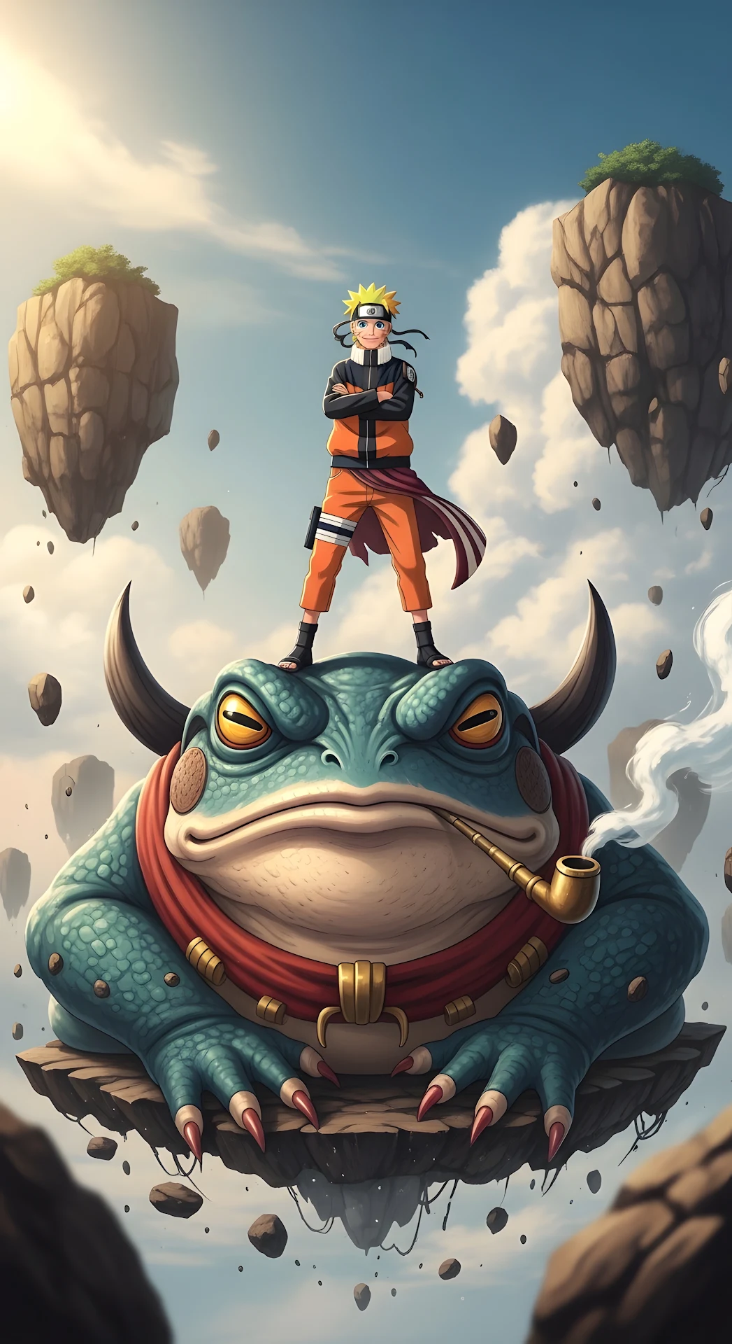 Naruto Standing on Giant Toad, Floating Islands Fantasy - Free 4K mobile Wallpaper
