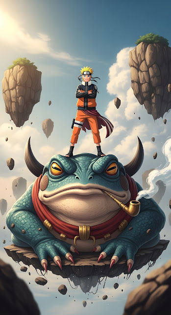 Naruto Standing on Giant Toad, Floating Islands Fantasy - Free mobile Wallpaper