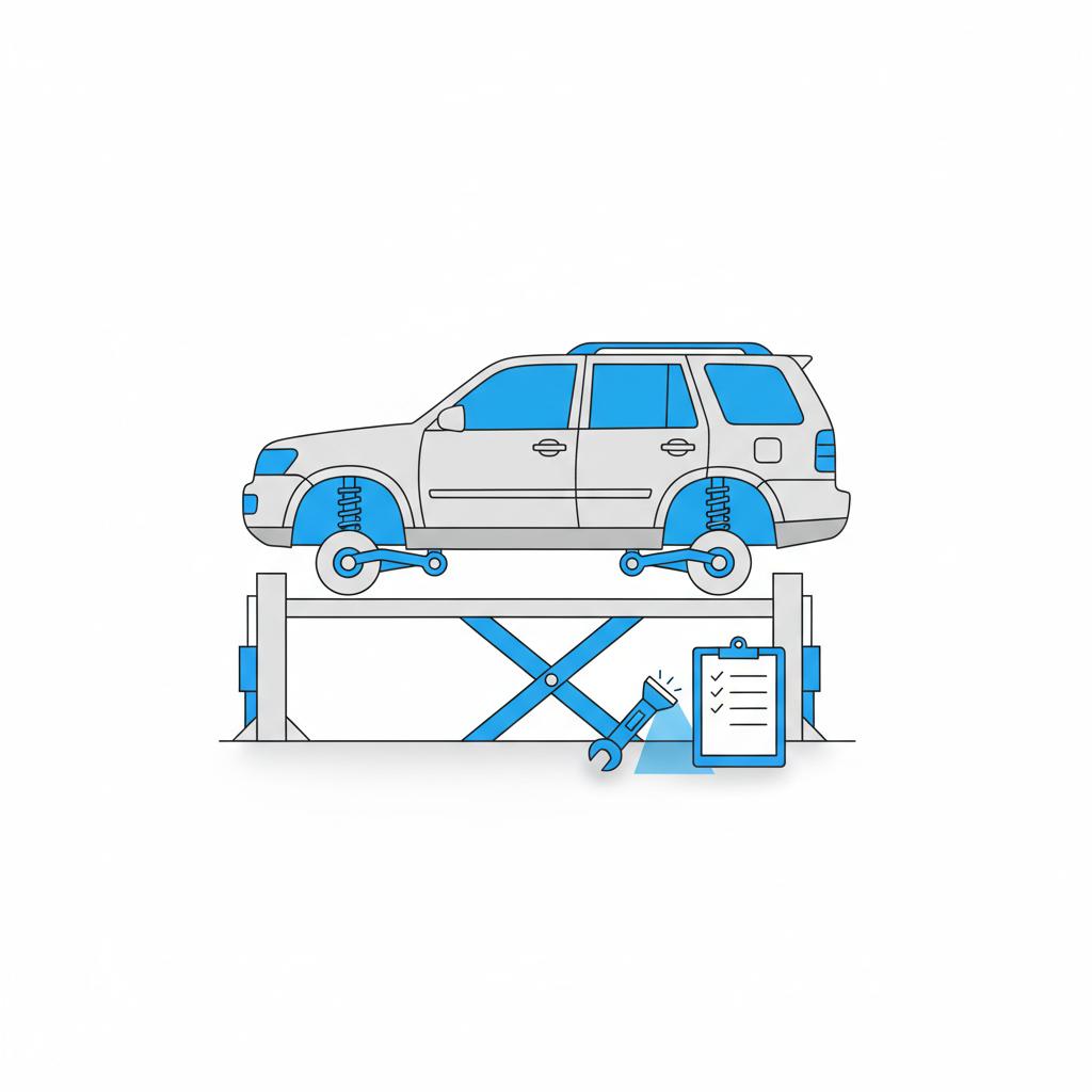 Minimalist 2D vector of a generic SUV on a lift with exposed suspension and a clipboard with blank inspection paperwork and tools in CarFax Deals blue used jeeps for sale near me