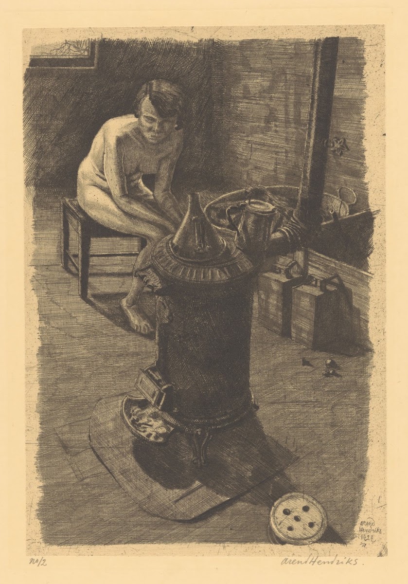 Naakte vrouw zittend bij een kachel 1929