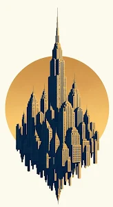 Surreal Art Deco City Cluster Floating Gold Sun Graphic