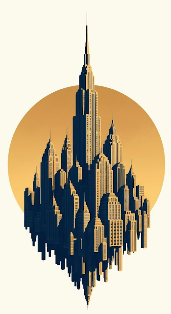 Surreal Art Deco City Cluster Floating Gold Sun Graphic - Free mobile Wallpaper