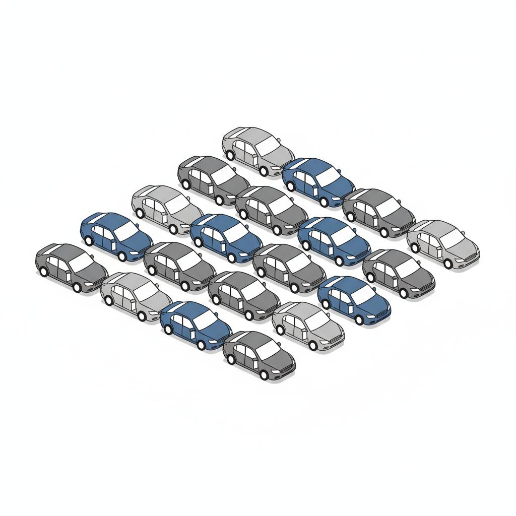 Minimalist 2D vector of a dealership lot with mixed sedans and blank inventory tags and price sheets illustrating a chevrolet impala for sale concept