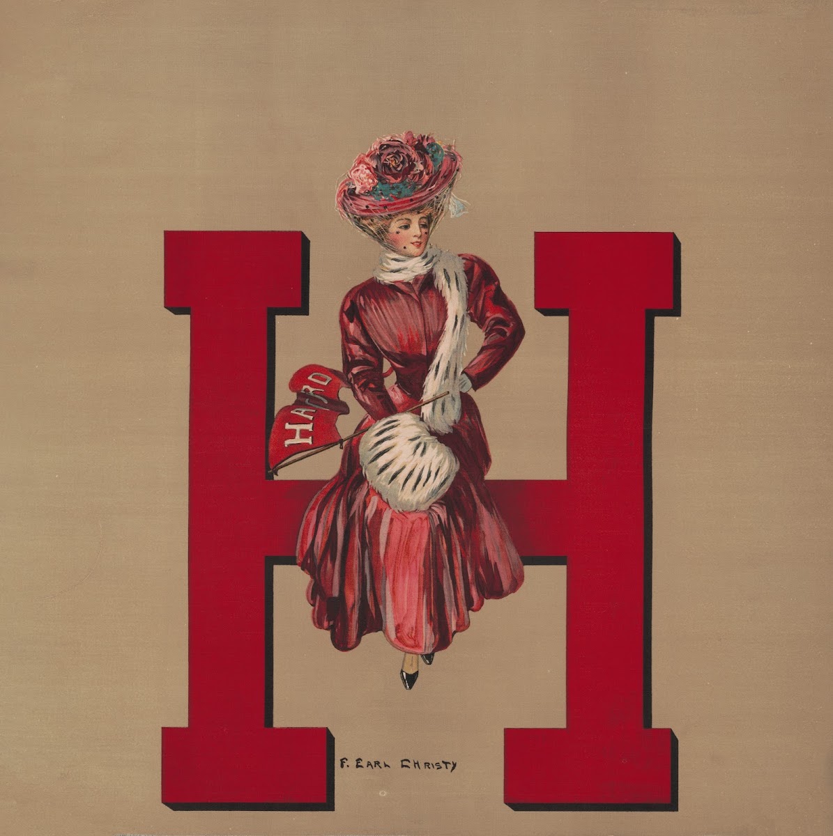 Woman sitting on giant H 1906