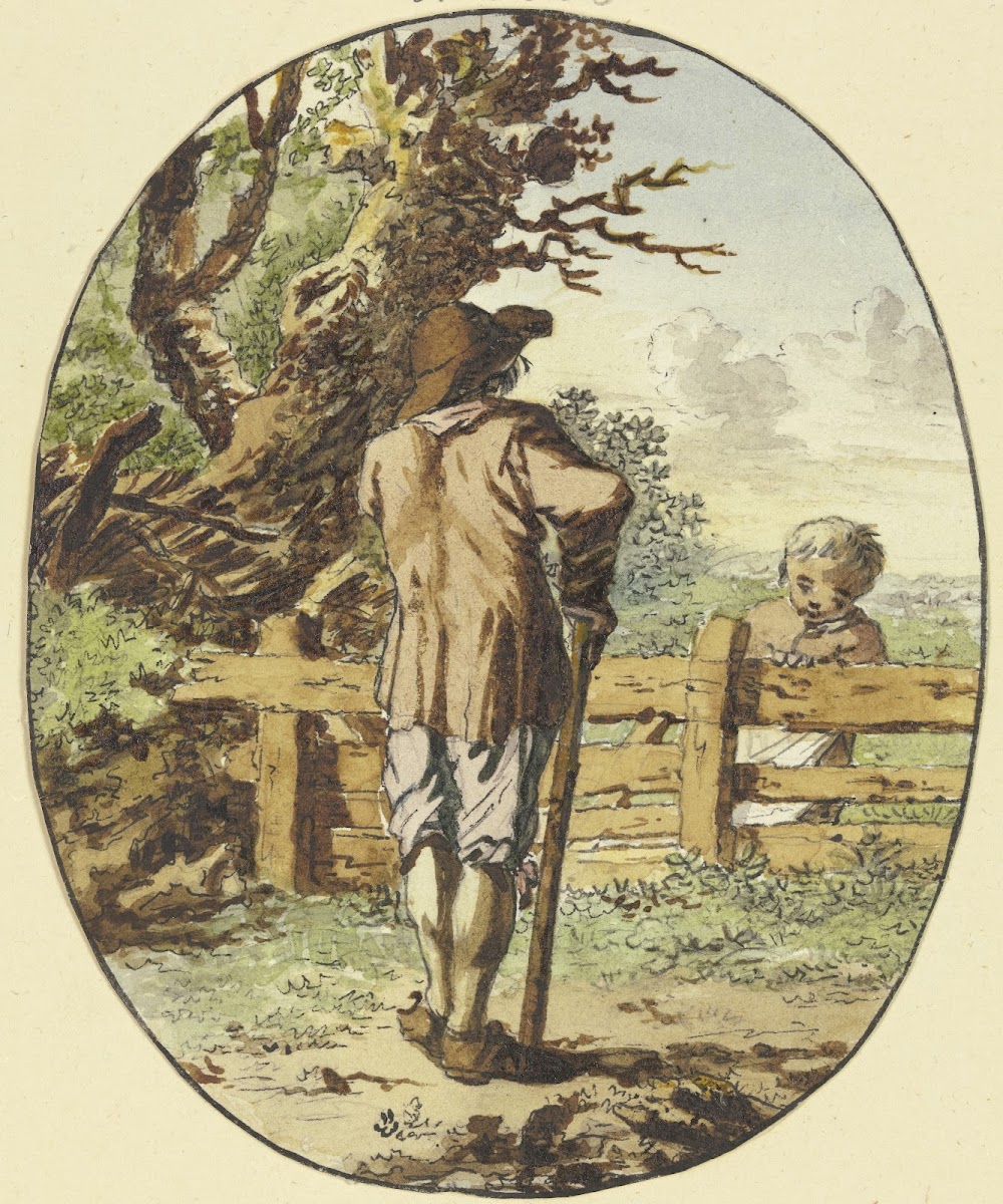 A man with a stick stands at a fence with his back to the viewer and a child sta