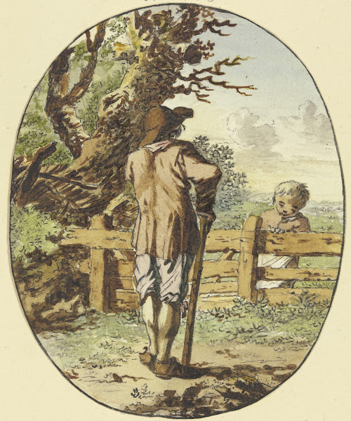 A man with a stick stands at a fence with his back to the viewer and a child sta